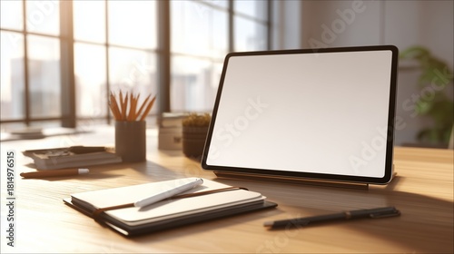 Clean wooden desk featuring blank tablet with stylus, spiral notebook and soft natural light streaming across organized creative workspace