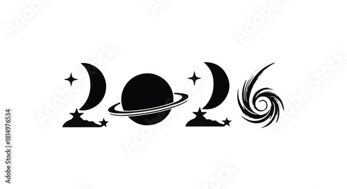 Cosmic numerals 2026 with planets and stars, representing future and space exploration.