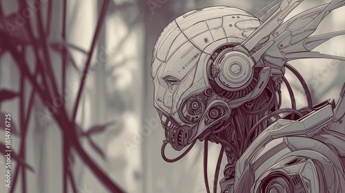 Detailed monochrome line art of a futuristic cyborg head