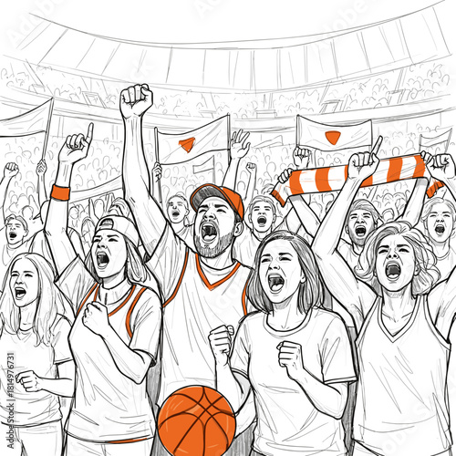 Fans cheering energetically for basketball team in crowded stadium  