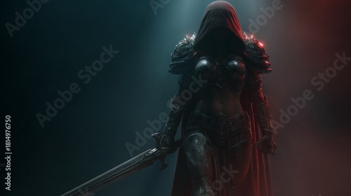 Dark fantasy female warrior in armor with sword