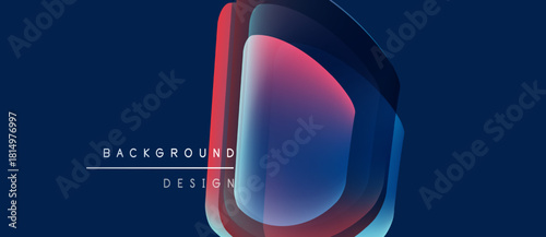 Abstract design features layered shapes, vibrant colors. Blue background complements red, pink gradients. Text reads background design. Modern, minimalist aesthetic.