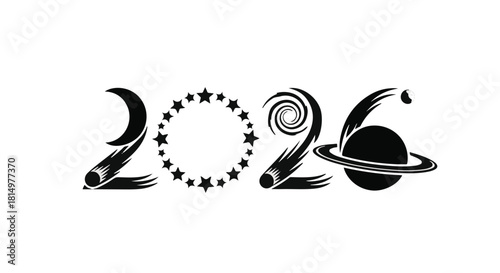 Stylized futuristic year 2026 with celestial elements, representing progress and the unknown.