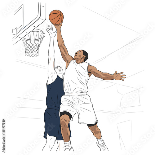Basketball player jumping to block shot during game in gym  