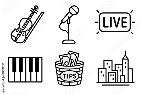 Urban Night Musicians. Evening Performers linear icon set: violin, mic stand, neon sign, piano keys, tip basket, city skyline