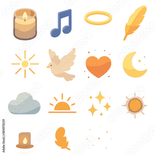 Evening Hymn Icons. Evening Hymn flat icon set : candle jar, musical note, halo ring, feather, radiant beam, dove, glowing heart, moon glow, soft cloud, sunrise light, golden