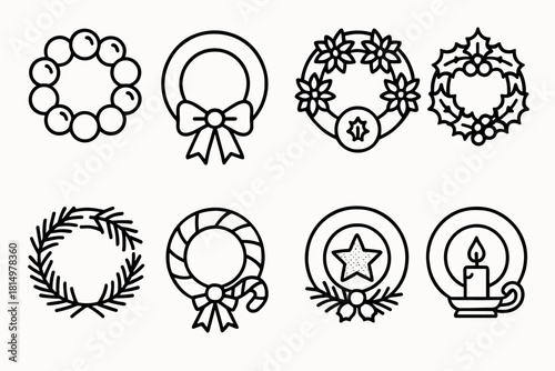 Festive Wreath Icons. Festive Front Door Wreaths linear icon set: ornament wreath, ribbon bow, poinsettia ring, holly leaves, glitter star, pine needles, candy cane accent, candle