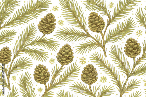 Winter Pine Tapestry. Pine branches with delicate needles are interspersed with pinecones, creating a rich tapestry of textures. The arrangement is intricate yet harmonious,