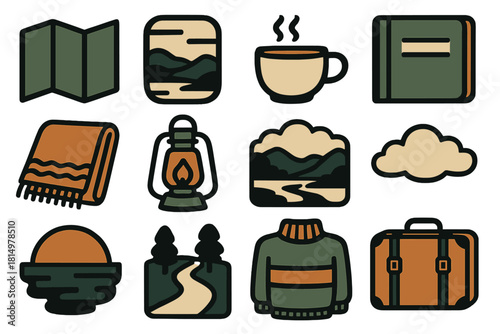 Bold Travel Icons. Tranquil Travel silhouette icon set : paper map, train window, tea cup, notebook, wool blanket, lantern, misty valley, cloud, sunset glow, peaceful path, folded