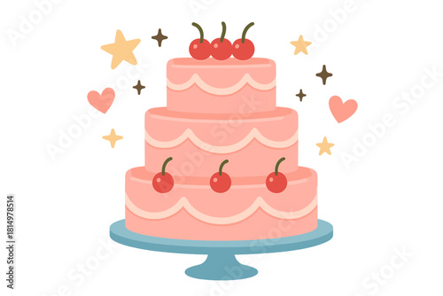 Pink Wedding Cake. Large pink wedding cake on a blue stand, decorated with layers and red cherries, serving as a centerpiece of joy and celebration. The cake is surrounded by