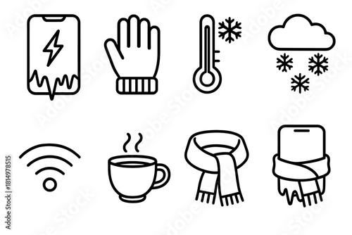 Frozen Phone Icon Set. Frozen device issue concept linear icon set: phone with ice, charging icon, glove, thermometer, snow cloud, signal icon, cup, scarf