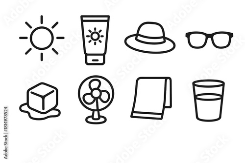 Summer Essentials Icons. Hot weather care concept linear icon set: sun rays, sunscreen tube, hat, sunglasses, ice cube, fan, towel, glass of water