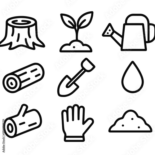 Reforestation Icons. Reforestation concept linear icon set: stump, new sprout, shovel, watering can, log, glove, soil mound, droplet