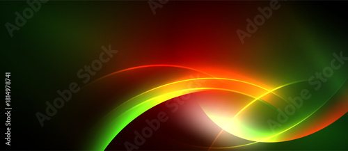 Abstract vibrant curves blend, creating dynamic light effect. Colors transition from green to red, with yellow highlights. Dramatic, modern design.