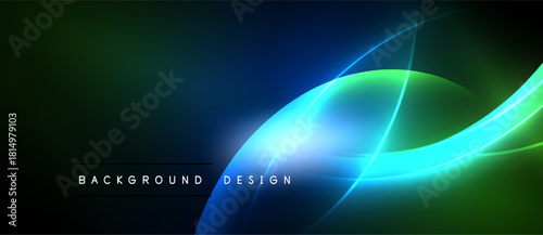 Abstract neon lines create dynamic flow. Bright blues, greens blend into dark background. Modern design element.