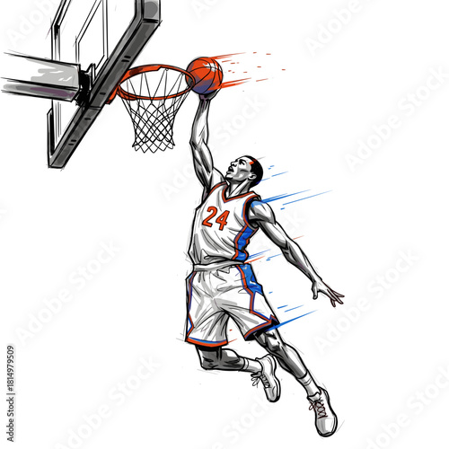 Basketball player dunking into hoop in dynamic motion concept of sport  