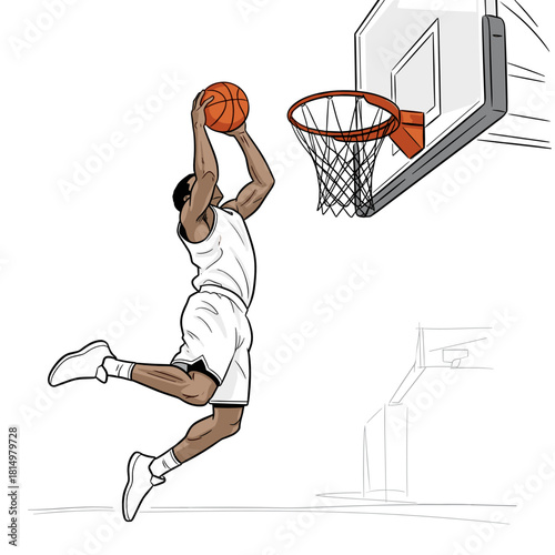 Male basketball player jumping for a layup in a sports arena  