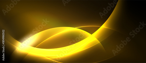 Abstract golden lines curve, creating bright light effect against dark background. Smooth shapes suggest energy, motion.