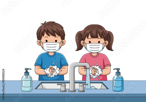 Kids Wearing Masks Washing Hands Hygiene during Pandemic