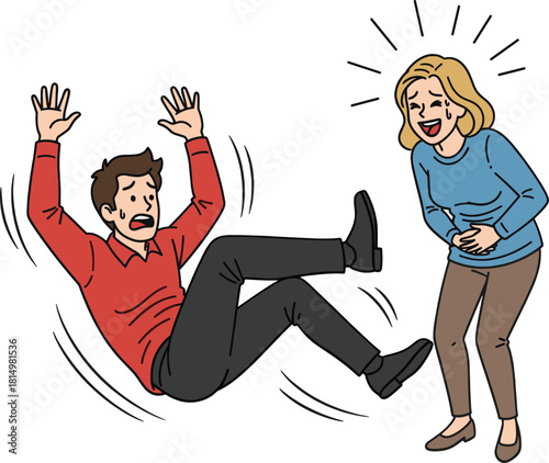 Man falling down while woman laughs hard at him