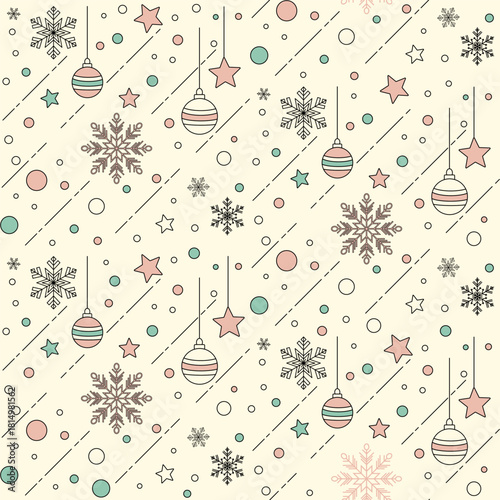 A cute and modern repeating pattern featuring hanging striped baubles, stars, and snowflakes, set against a light background with diagonal dashed lines and colored dots in soft pastel tones.