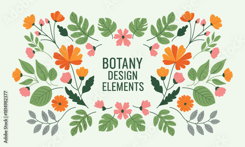 Floral frame of botany design elements with flowers and leaves