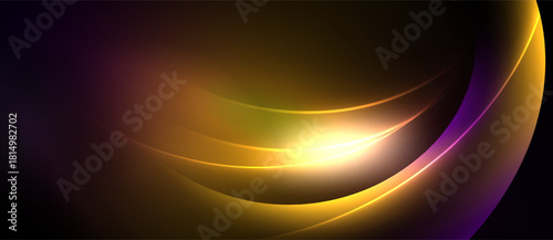 Abstract design features flowing curves, vibrant colors. Gold, purple hues blend into dark background. Smooth gradients create dynamic visual effect.