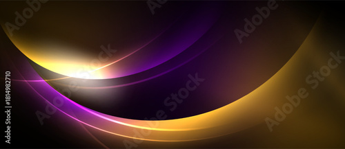 Abstract design features curved lines, vibrant colors. Gold, purple hues blend with bright light source. Dramatic contrast creates dynamic visual effect.