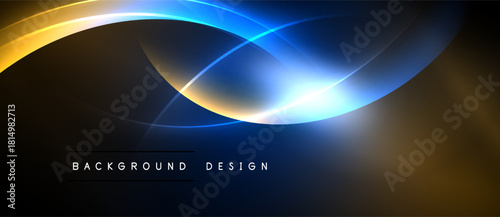 Abstract design features flowing curves, vibrant blue, gold hues. Dark background emphasizes bright light effects, modern aesthetic.
