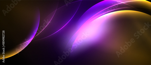 Abstract flowing shapes, vibrant colors, dark background. Smooth gradients create luminous effect, dynamic composition.