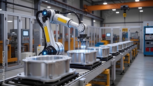 A robotic arm is assembling metal components on an assembly line in a spacious manufacturing facility. The area is well-lit with various machines and tools present.