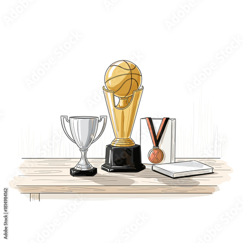Basketball trophies and medal displayed on wooden table  