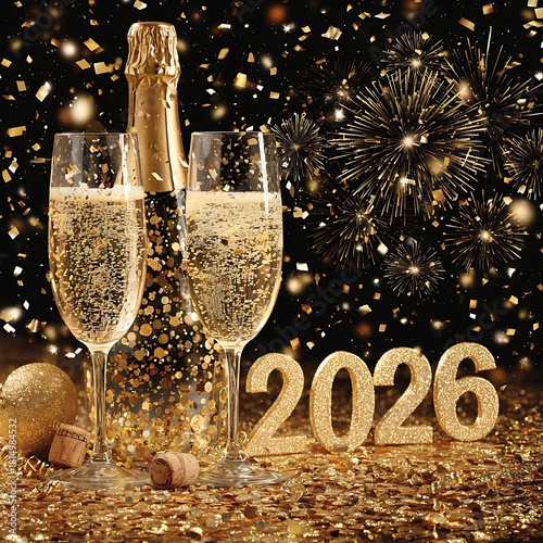 Champagne bottle glasses and 2026 numbers with fireworks