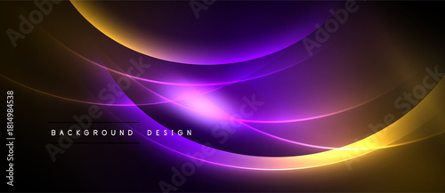 Abstract background features vibrant curves, gradients. Purple, orange hues create dynamic visual effect. Modern design element.