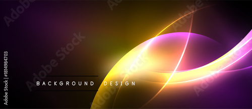 Abstract vibrant waves, yellow, purple hues. Smooth gradients create dynamic visual effect. Dark background emphasizes bright energy.