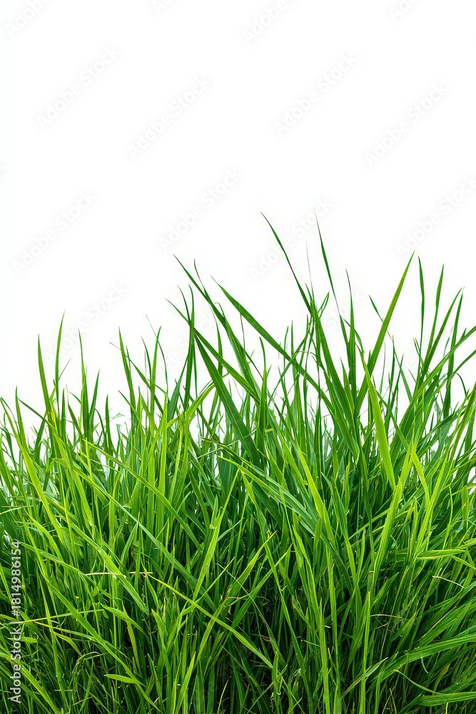 Fototapeta premium Green Grass Blades Against a Clean White Background Isolated Freshness and Natural Element in Focus Studio Shot for Graphic Design and Mockups