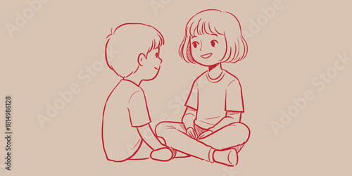 A simple red sketch of two children sitting facing each other on a light background