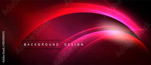 Abstract red design features curved lines, gradients. Dark background enhances glowing effect, modern aesthetic. Simple text labels bottom center.