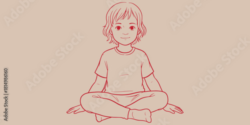 A drawing of a child with short hair sitting cross legged wearing a t shirt and pants
