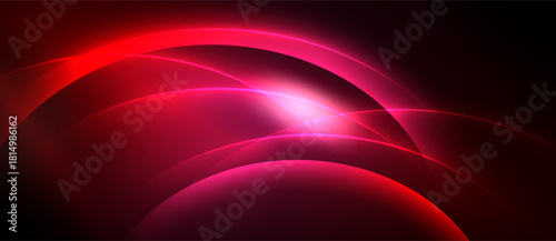 Abstract crimson design features curved lines, glowing light. Dark background emphasizes vibrant color, creating dynamic visual impact.