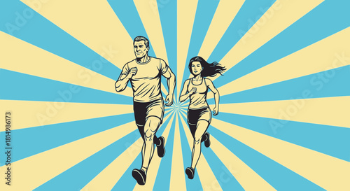 Running man and woman, color vector illustration.  Silhouettes of athletic looking male and female runners running. SVG version.