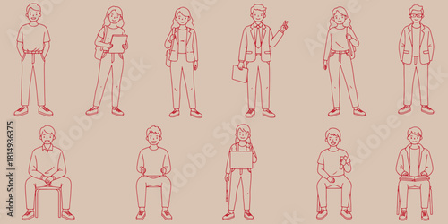 Illustration of ten people in various poses and attire outlined in red on a light background