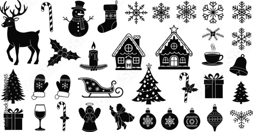 Black silhouette Christmas icon set, festive symbols, snowflakes, reindeer, gingerbread house, sleigh, stocking, ornaments, winter vector graphic