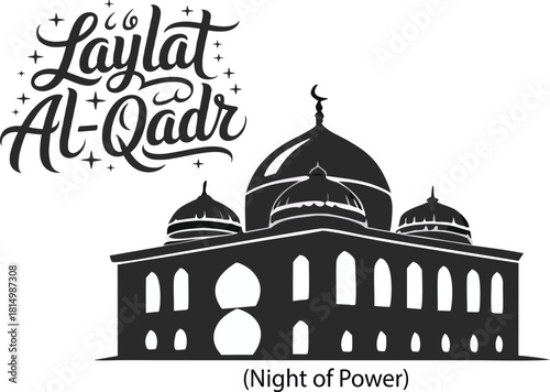 Laylat al-Qadr (Night of Power) Holi night for Muslim Ramadan 27 rajab design template playful typography with mosque silhouette 