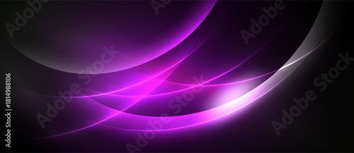 Abstract design features flowing purple lines, bright highlights against dark background. Smooth curves create dynamic visual effect.