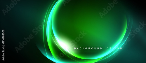 Abstract green neon lights form flowing curves. Dark background enhances vibrant glow, creating modern design element.