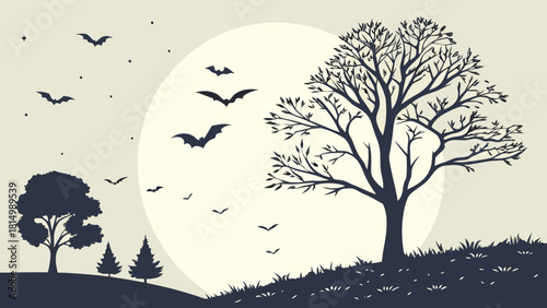 Halloween Night Scene with Bats Flying Around Trees Under Full Moon.