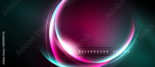 Abstract design features glowing curves, vibrant colors. Dark background emphasizes bright central shape, creating modern aesthetic.