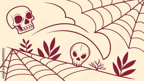 Spooky red spider web with skulls and leaves illustration.