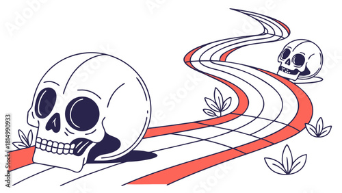 Illustration of skulls on a winding road with leaves.